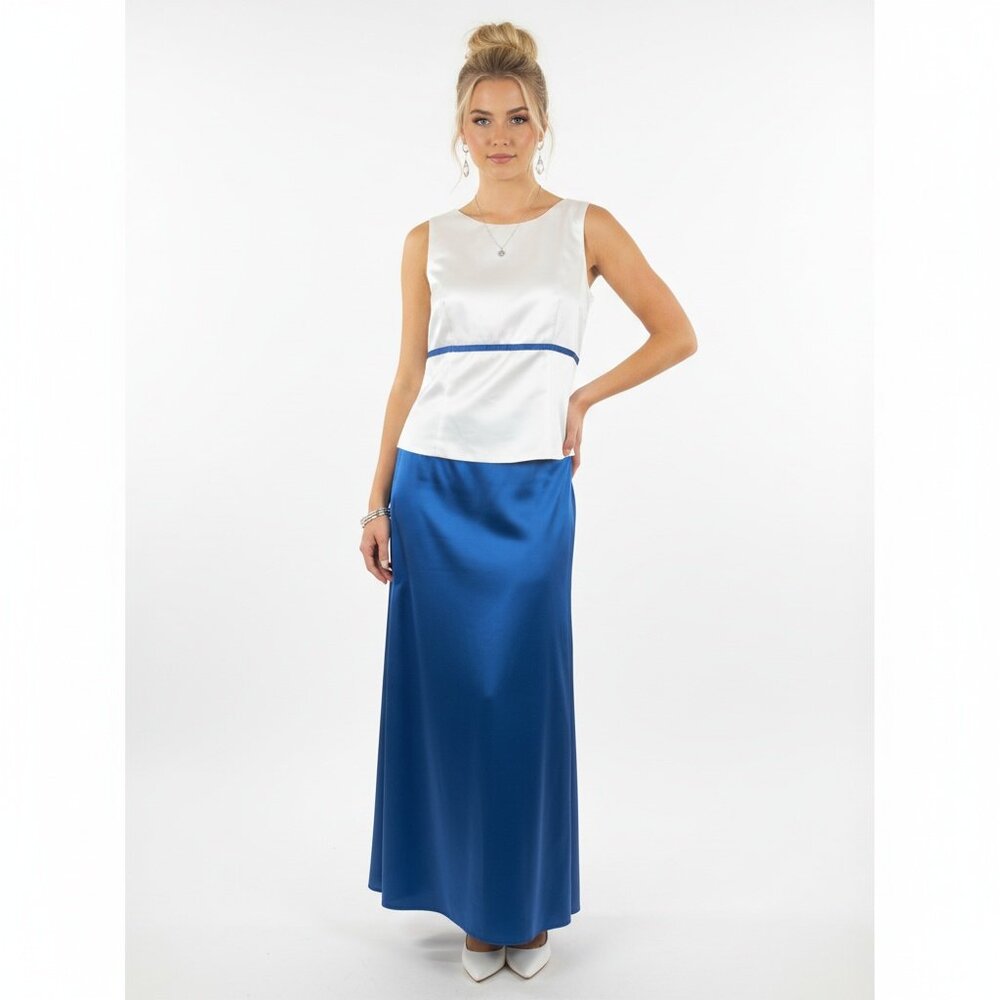 Alfred Angelo White & Blue Satin Sleeveless Top & Maxi Skirt Set 8